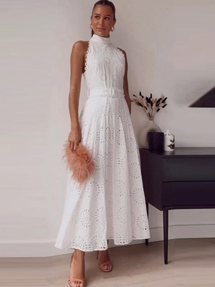 White Belt Sleeveless Long Dress