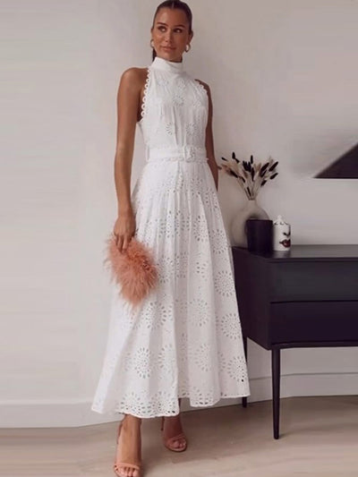 White Belt Sleeveless Long Dress
