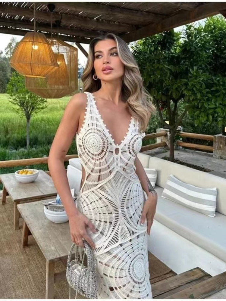 Knitted Hollow Out Crochet Long Dresses