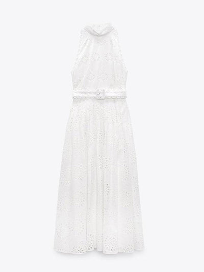White Belt Sleeveless Long Dress