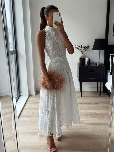 White Belt Sleeveless Long Dress