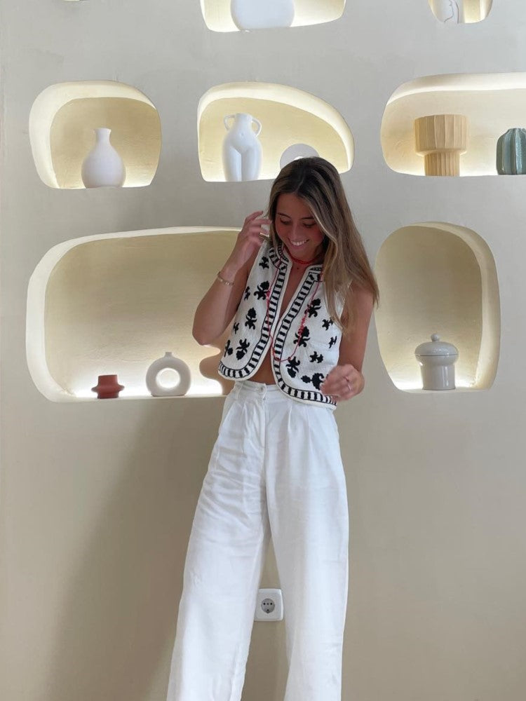 Casual White Printed Vintage Vest