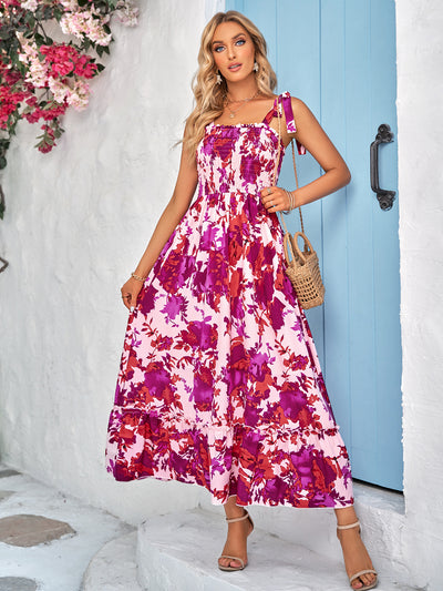 Floral Tie-Shoulder Frill Trim Smocked Dress