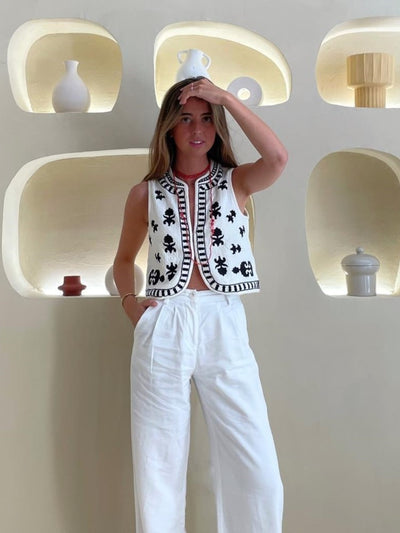 Casual White Printed Vintage Vest