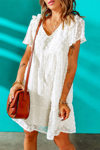 Swiss Dot Ruffle Shoulder V-Neck Babydoll Dress