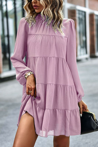 Tied Ruffle Collar Puff Sleeve Mini Dress